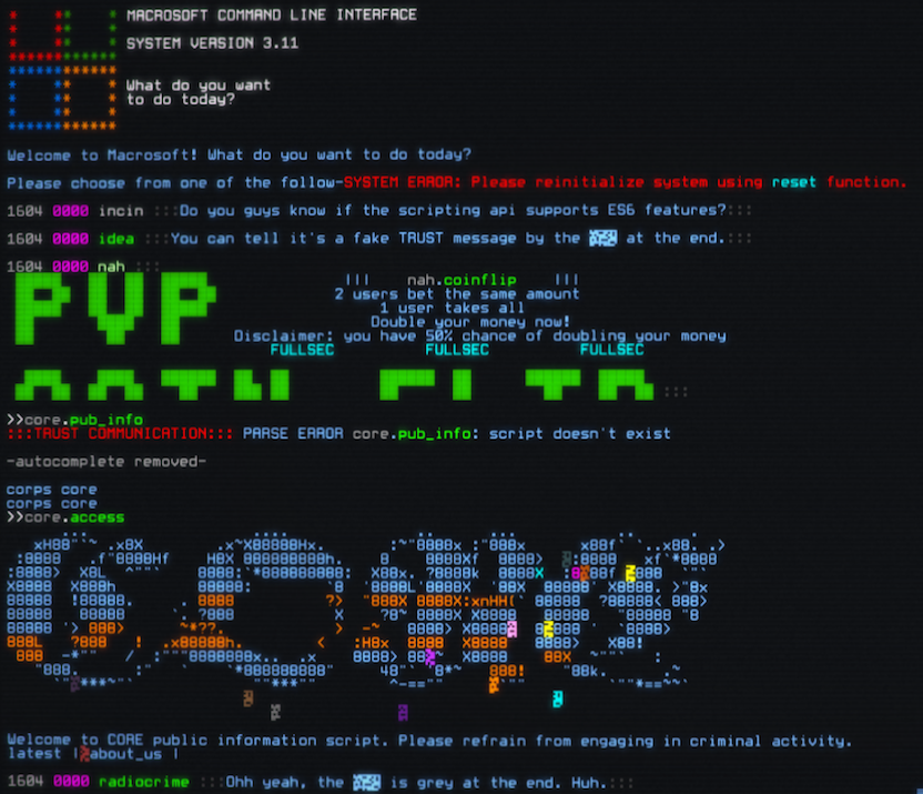 Two Hackmud corporations - Macrosoft and Core.