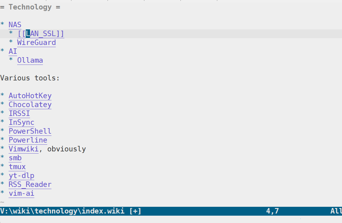 Vimwiki: A page listing various technologies.