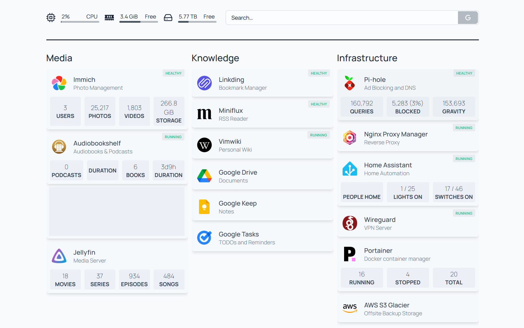 A minimalist page grouping various self-hosted programs. There are headings: Media, Knowledge, Infrastructure.