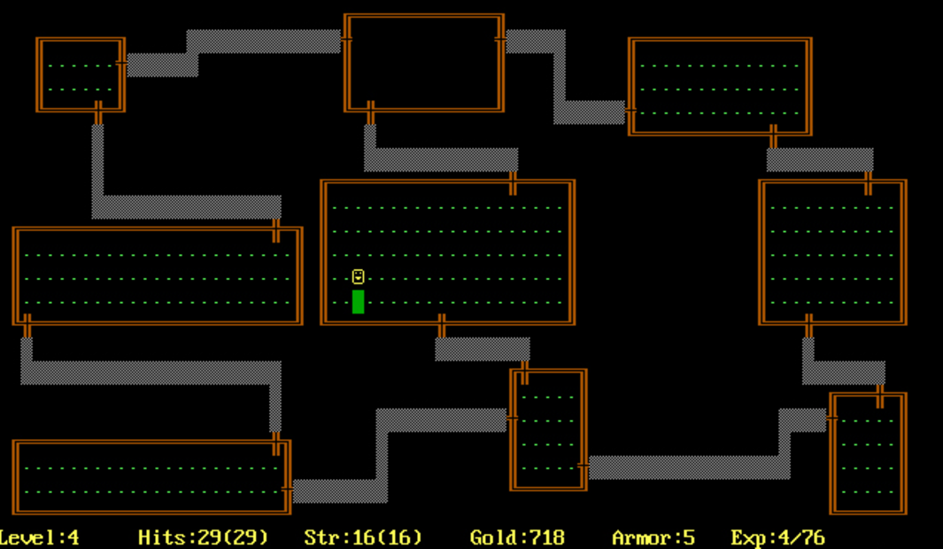 A screenshot of 1980 &#34;Rogue&#34; video game.