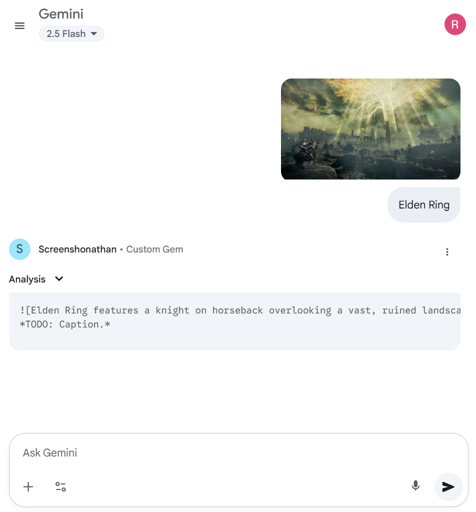 A user interface from the Gemini chat application showing a chat bot named Screenshonathan generating an image markdown snippet.